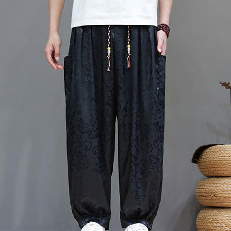Buddha Stones Summer Drawstring Cloud Pattern Solid Elastic Waist Men's Harem Pants With Pockets