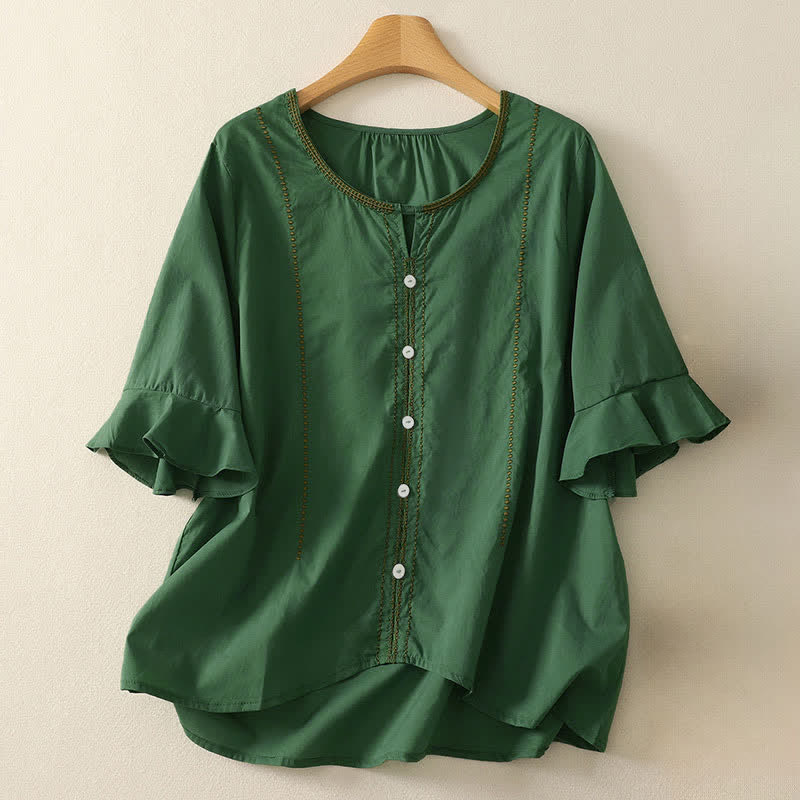 Buddha Stones Summer Boho Casual Button-up Solid Ruffle Bell Sleeve Women's Short Sleeve Shirts