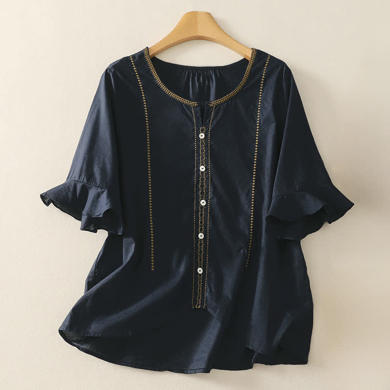 Buddha Stones Summer Boho Casual Button-up Solid Ruffle Bell Sleeve Women's Short Sleeve Shirts