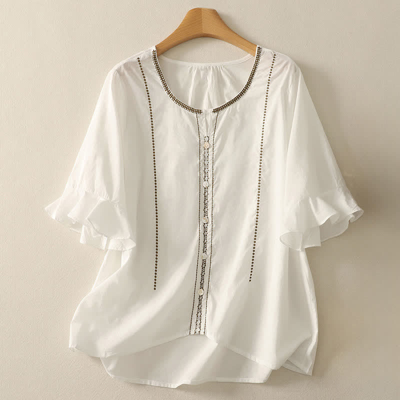 Buddha Stones Summer Boho Casual Button-up Solid Ruffle Bell Sleeve Women's Short Sleeve Shirts