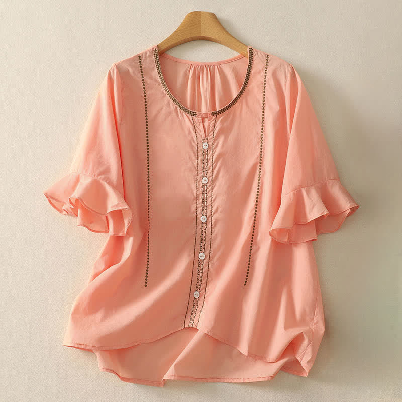 Buddha Stones Summer Boho Casual Button-up Solid Ruffle Bell Sleeve Women's Short Sleeve Shirts