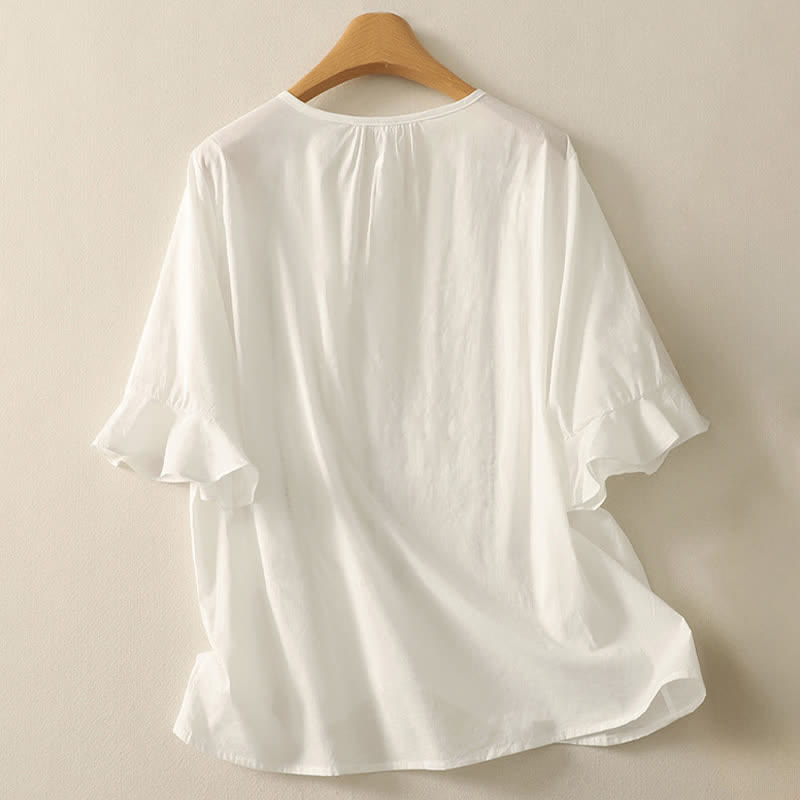 Buddha Stones Summer Boho Casual Button-up Solid Ruffle Bell Sleeve Women's Short Sleeve Shirts