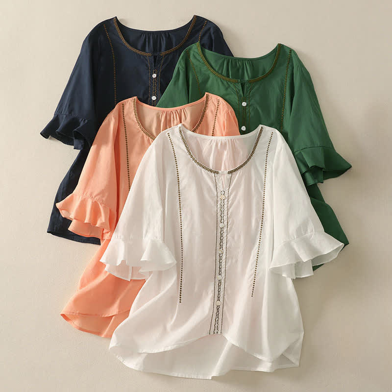 Buddha Stones Summer Boho Casual Button-up Solid Ruffle Bell Sleeve Women's Short Sleeve Shirts