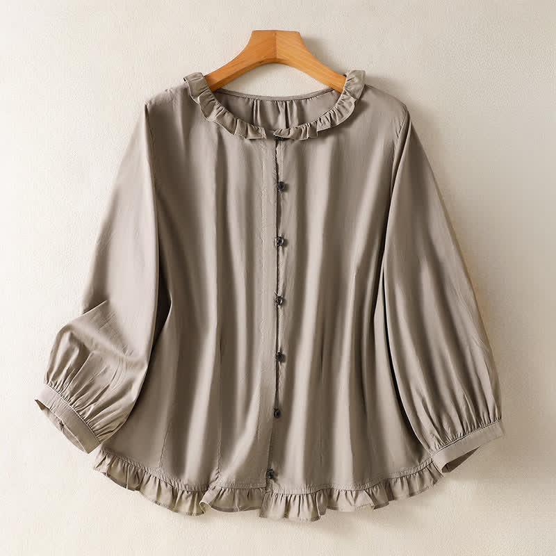 Buddha Stones Summer Casual Vintage Button-up Ruffled Crew Neck Solid Women's Long Sleeve Shirts