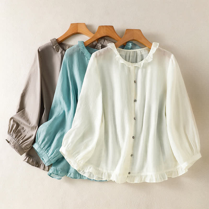 Buddha Stones Summer Casual Vintage Button-up Ruffled Crew Neck Solid Women's Long Sleeve Shirts