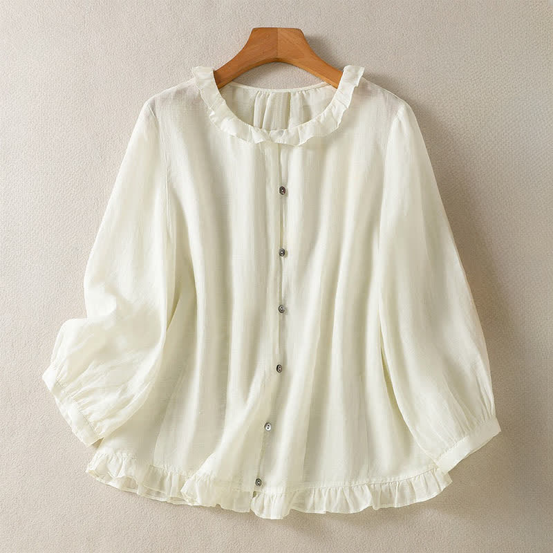Buddha Stones Summer Casual Vintage Button-up Ruffled Crew Neck Solid Women's Long Sleeve Shirts