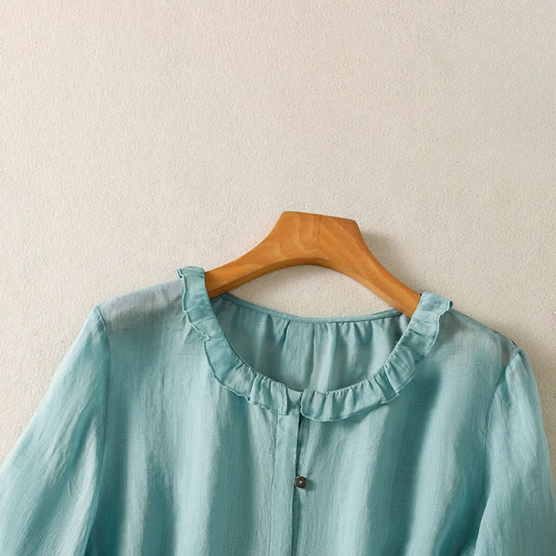 Buddha Stones Summer Casual Vintage Button-up Ruffled Crew Neck Solid Women's Long Sleeve Shirts