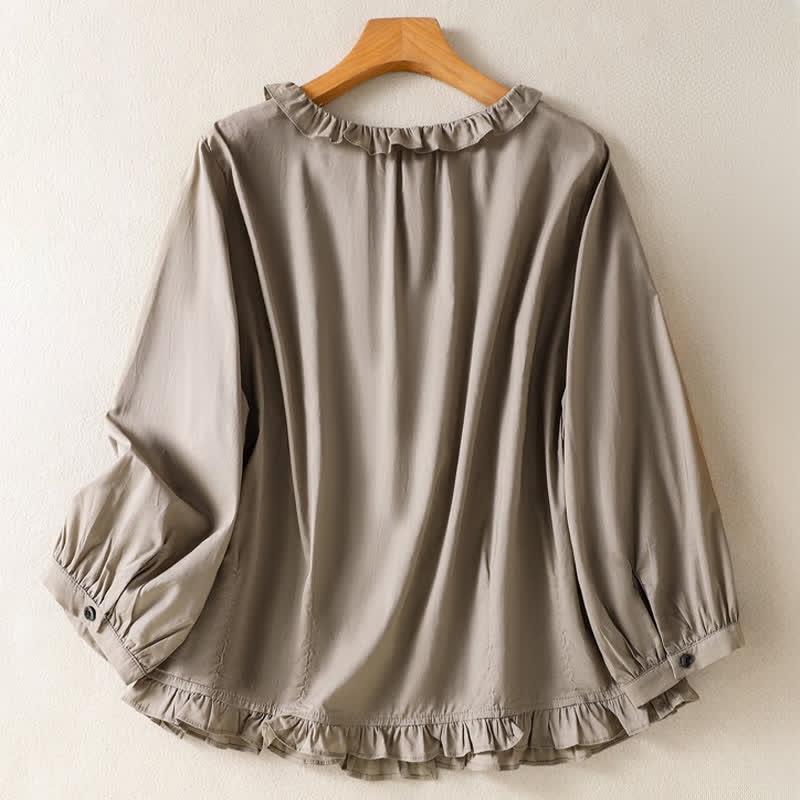 Buddha Stones Summer Casual Vintage Button-up Ruffled Crew Neck Solid Women's Long Sleeve Shirts