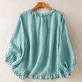 Buddha Stones Summer Casual Vintage Button-up Ruffled Crew Neck Solid Women's Long Sleeve Shirts