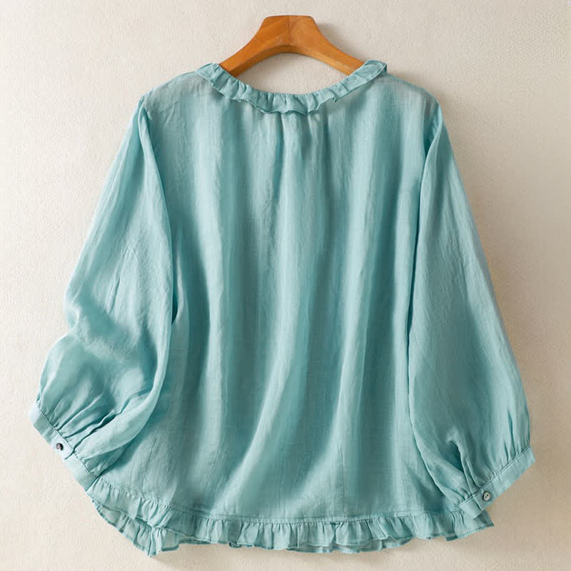 Buddha Stones Summer Casual Vintage Button-up Ruffled Crew Neck Solid Women's Long Sleeve Shirts