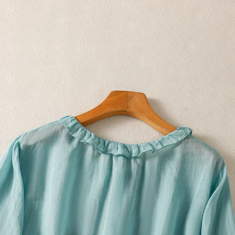 Buddha Stones Summer Casual Vintage Button-up Ruffled Crew Neck Solid Women's Long Sleeve Shirts
