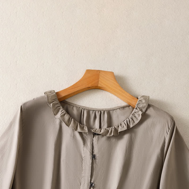 Buddha Stones Summer Casual Vintage Button-up Ruffled Crew Neck Solid Women's Long Sleeve Shirts