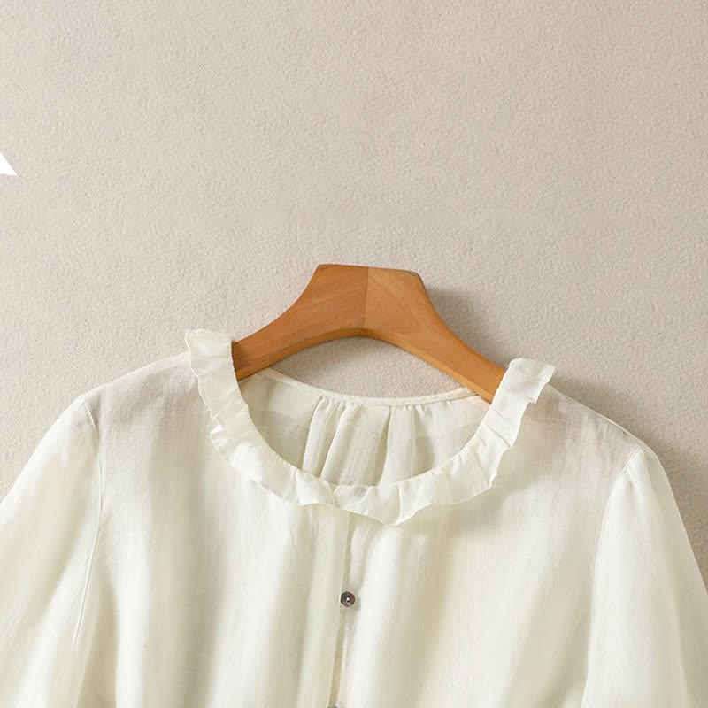 Buddha Stones Summer Casual Vintage Button-up Ruffled Crew Neck Solid Women's Long Sleeve Shirts