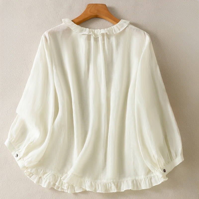 Buddha Stones Summer Casual Vintage Button-up Ruffled Crew Neck Solid Women's Long Sleeve Shirts