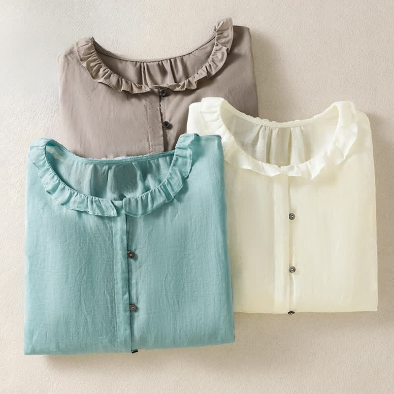 Buddha Stones Summer Casual Vintage Button-up Ruffled Crew Neck Solid Women's Long Sleeve Shirts