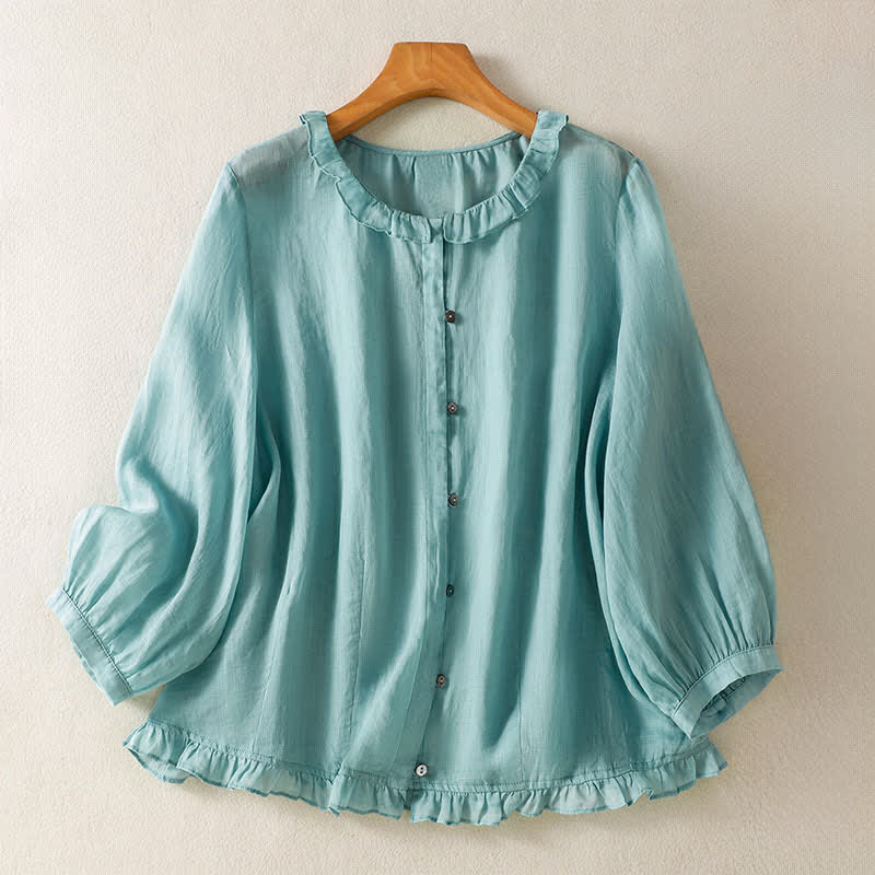 Buddha Stones Summer Casual Vintage Button-up Ruffled Crew Neck Solid Women's Long Sleeve Shirts