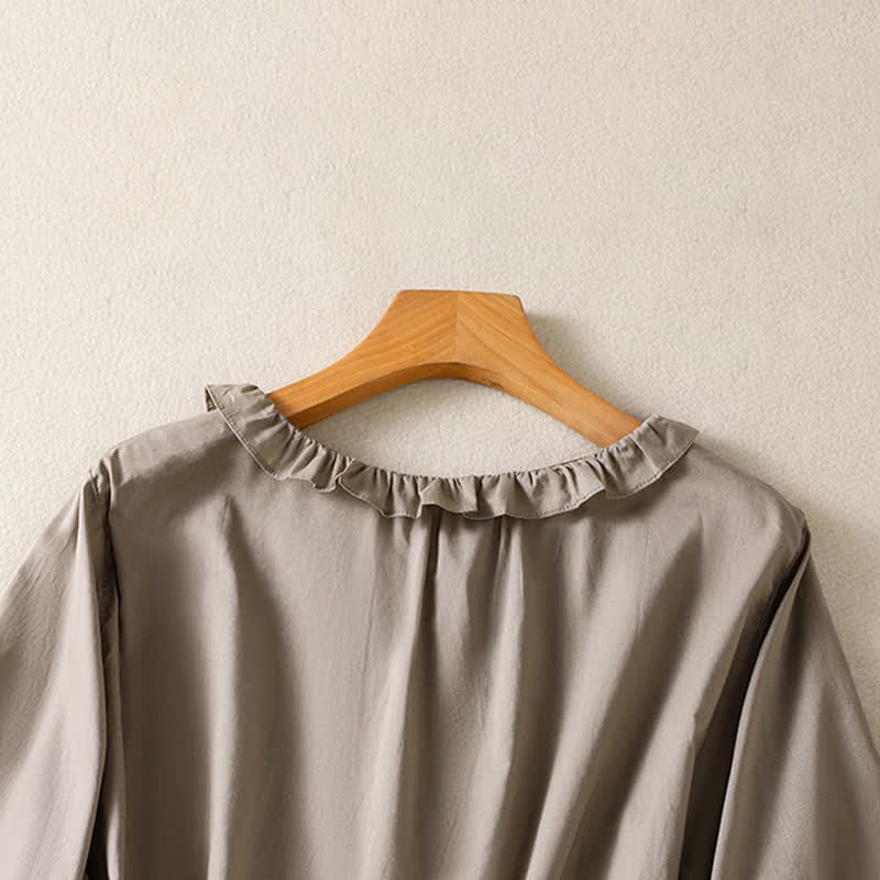 Buddha Stones Summer Casual Vintage Button-up Ruffled Crew Neck Solid Women's Long Sleeve Shirts