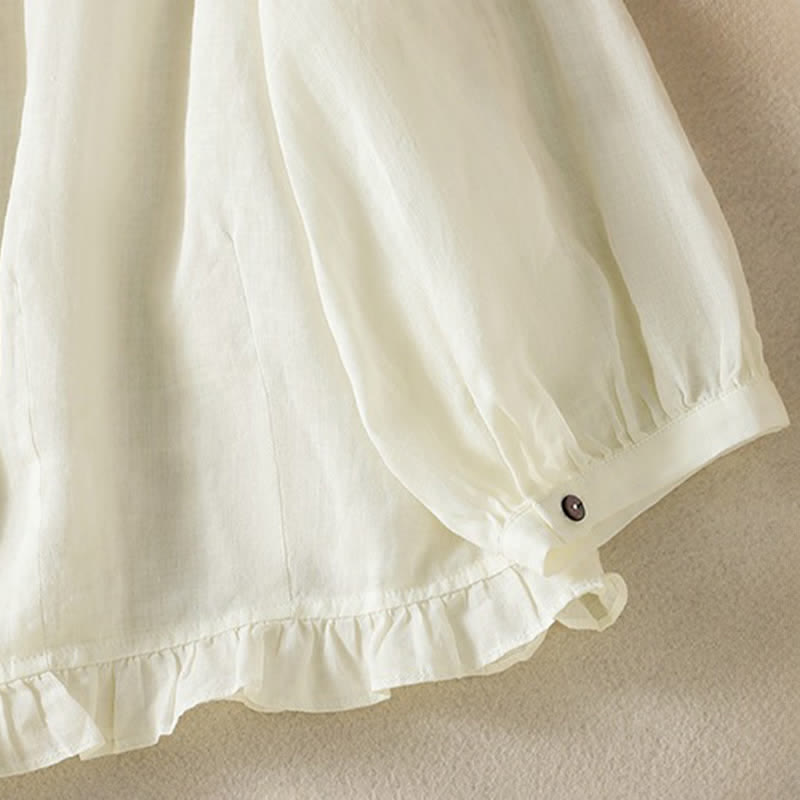 Buddha Stones Summer Casual Vintage Button-up Ruffled Crew Neck Solid Women's Long Sleeve Shirts