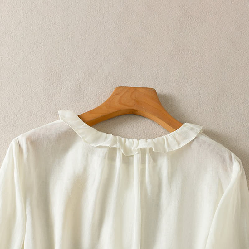 Buddha Stones Summer Casual Vintage Button-up Ruffled Crew Neck Solid Women's Long Sleeve Shirts