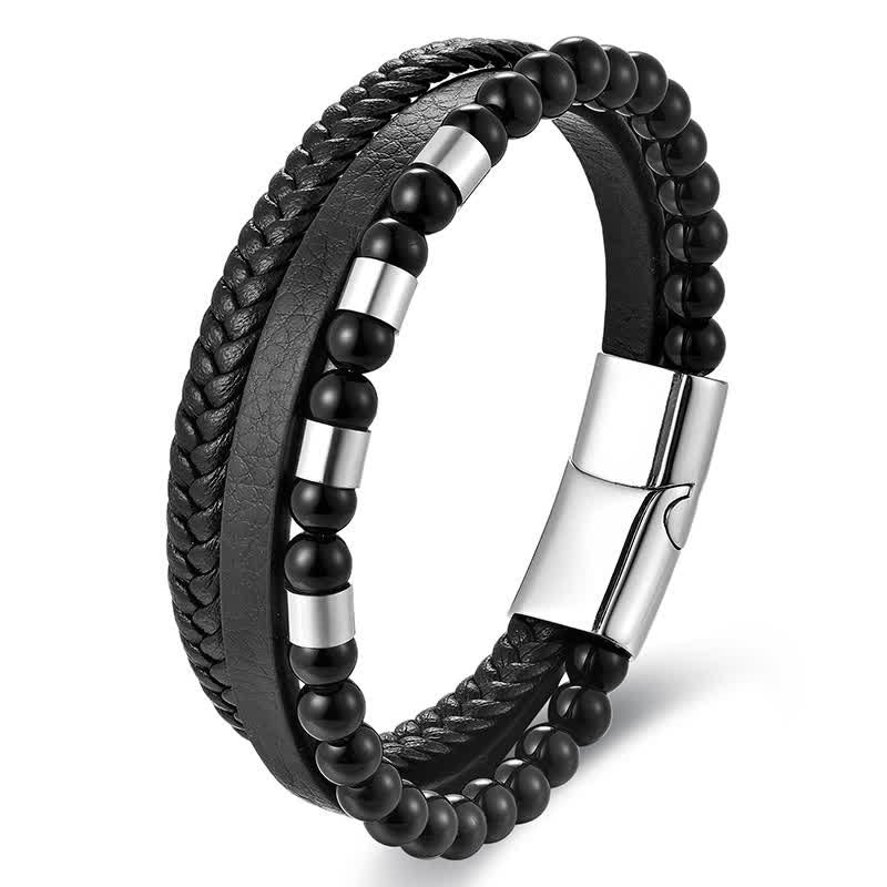 Buddha Stones Black Leather Strength Braided Double Layer Bracelet