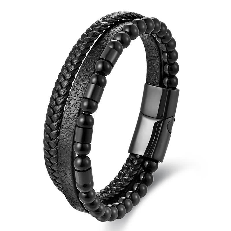Buddha Stones Black Leather Strength Braided Double Layer Bracelet
