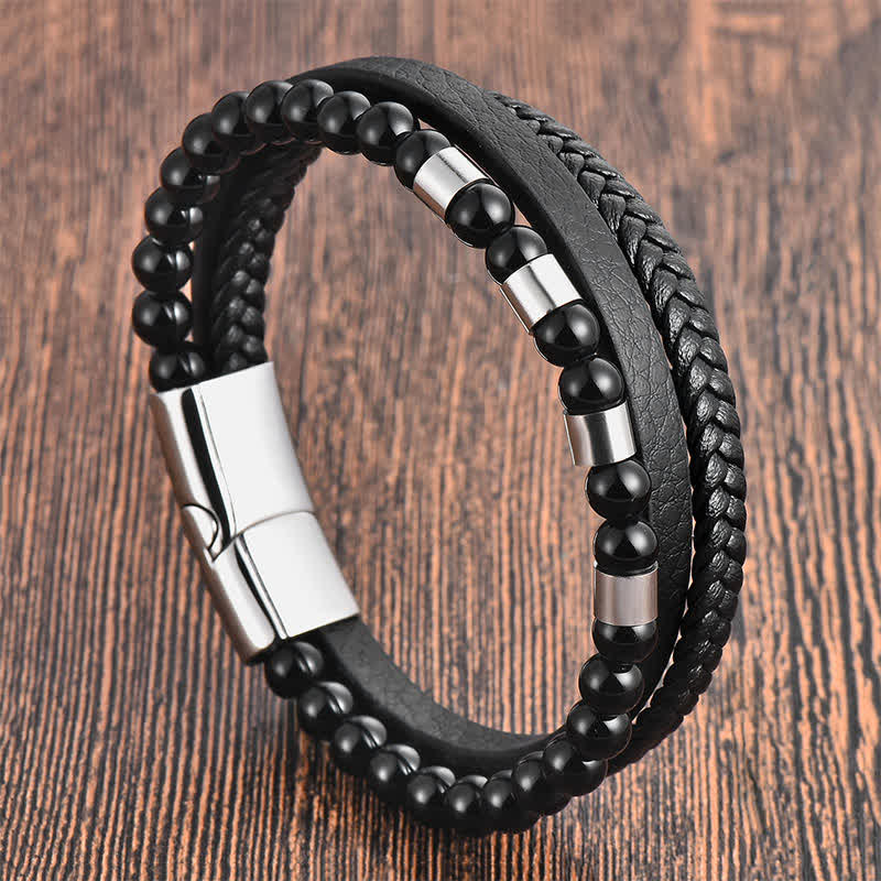 Buddha Stones Black Leather Strength Braided Double Layer Bracelet