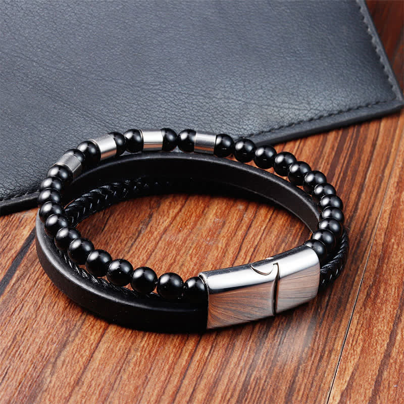 Buddha Stones Black Leather Strength Braided Double Layer Bracelet