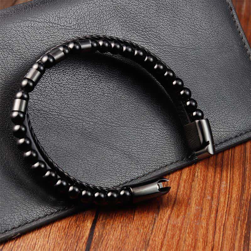 Buddha Stones Black Leather Strength Braided Double Layer Bracelet