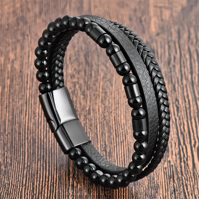 Buddha Stones Black Leather Strength Braided Double Layer Bracelet