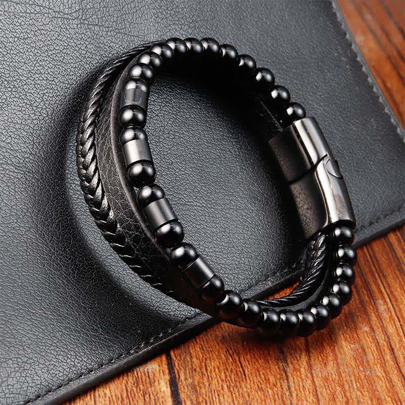 Buddha Stones Black Leather Strength Braided Double Layer Bracelet