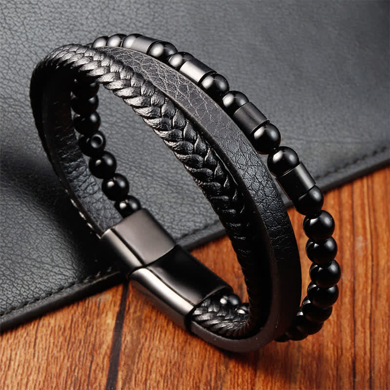 Buddha Stones Black Leather Strength Braided Double Layer Bracelet