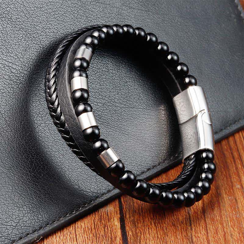 Buddha Stones Black Leather Strength Braided Double Layer Bracelet