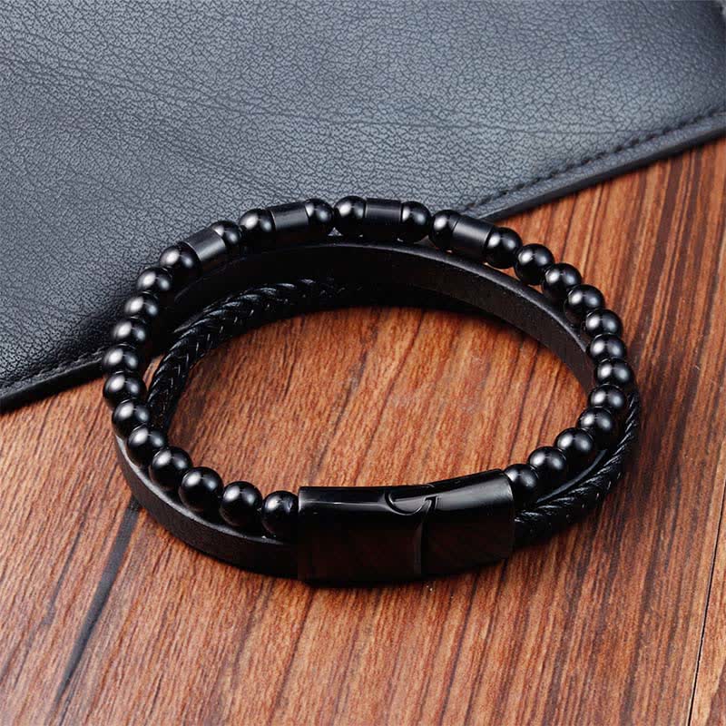 Buddha Stones Black Leather Strength Braided Double Layer Bracelet
