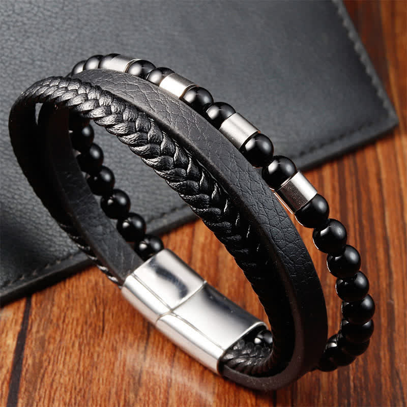 Buddha Stones Black Leather Strength Braided Double Layer Bracelet