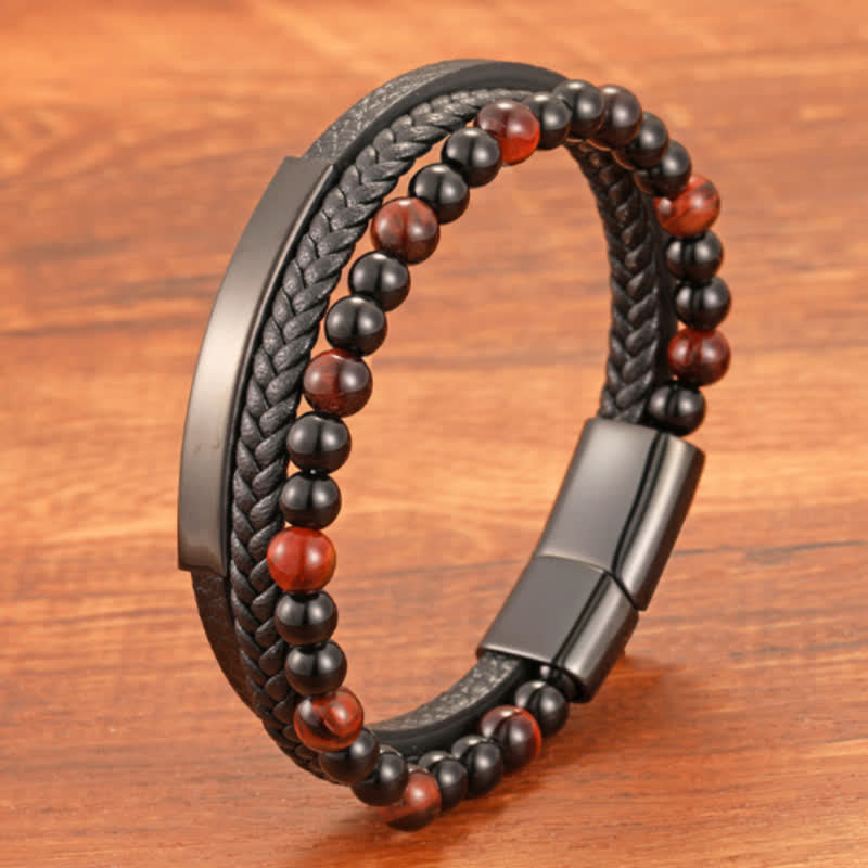 Buddha Stones Braided Leather Tiger Eye Strength Multi Layer Bracelet