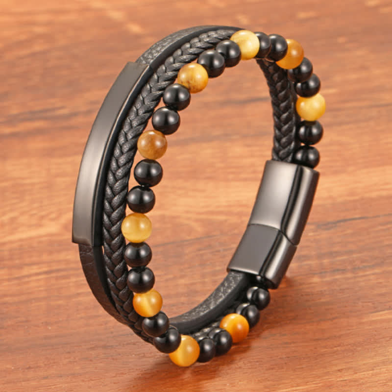 Buddha Stones Braided Leather Tiger Eye Strength Multi Layer Bracelet