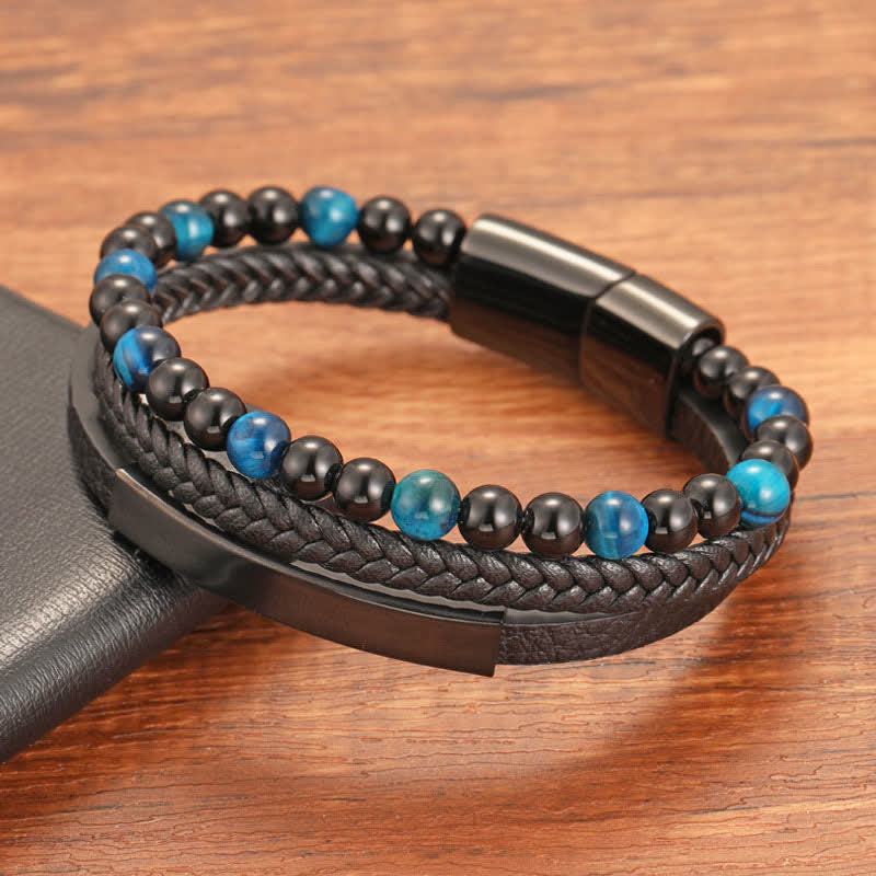 Buddha Stones Braided Leather Tiger Eye Strength Multi Layer Bracelet