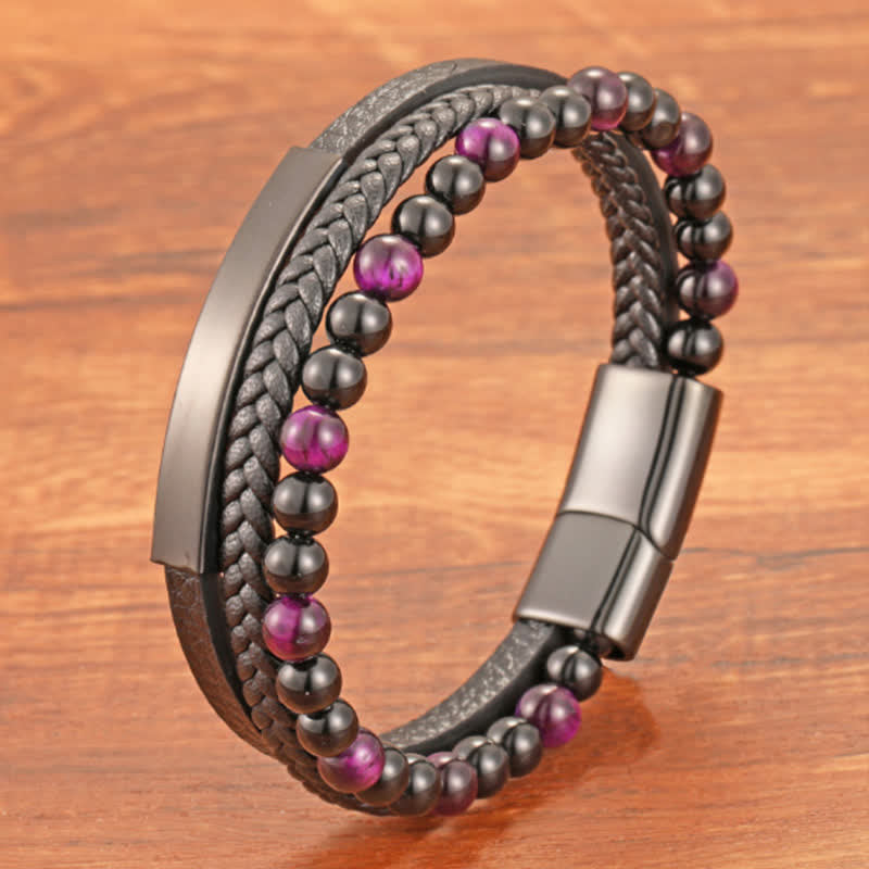 Buddha Stones Braided Leather Tiger Eye Strength Multi Layer Bracelet