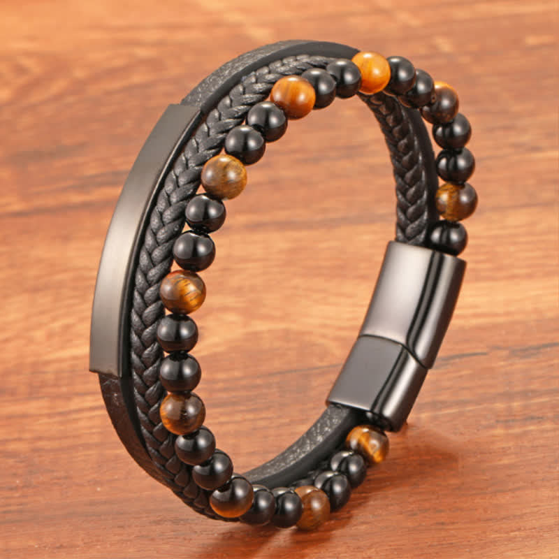 Buddha Stones Braided Leather Tiger Eye Strength Multi Layer Bracelet