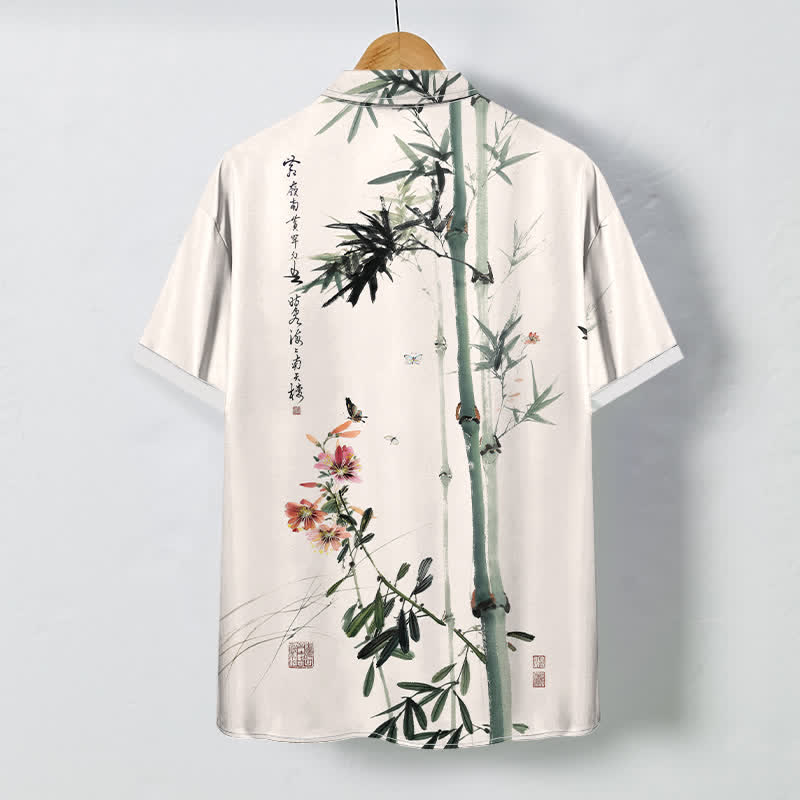 Buddha Stones Ink Bamboo Blossom Bird Calligraphy Pattern Buttons Breathable Men's Short Sleeve Shirt