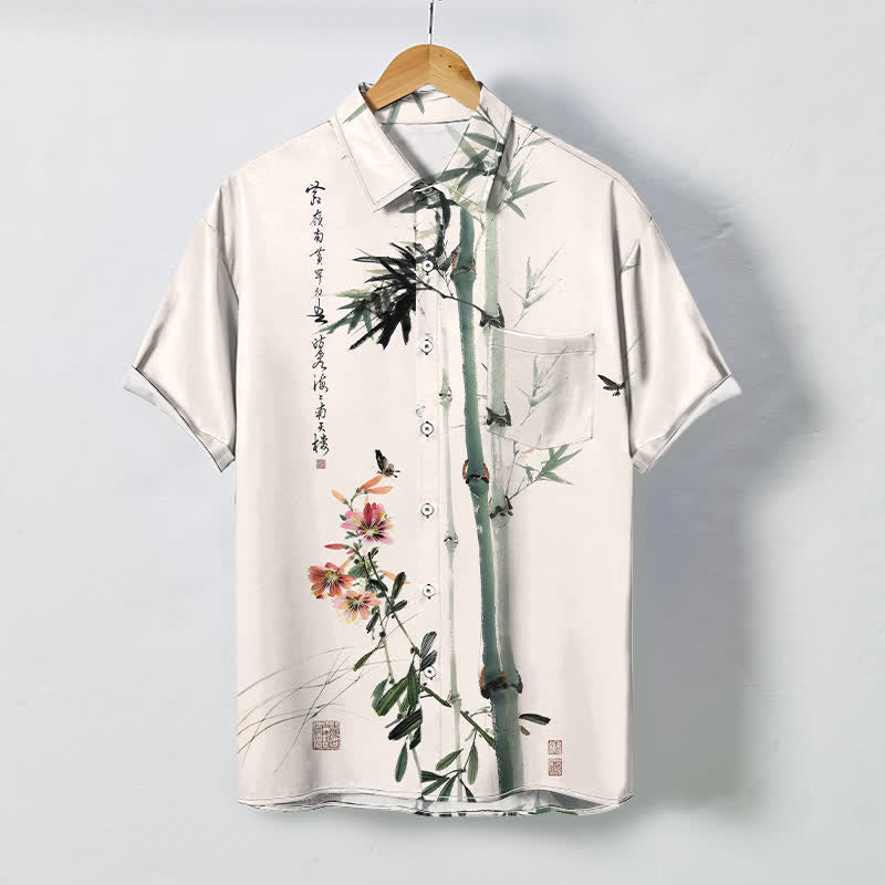 Buddha Stones Ink Bamboo Blossom Bird Calligraphy Pattern Buttons Breathable Men's Short Sleeve Shirt