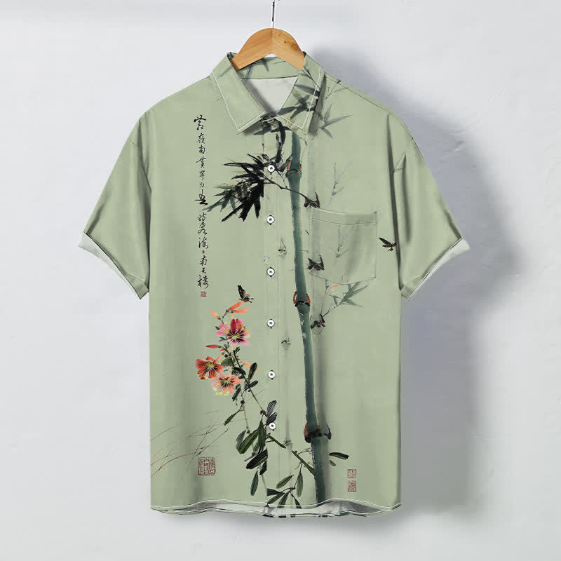 Buddha Stones Ink Bamboo Blossom Bird Calligraphy Pattern Buttons Breathable Men's Short Sleeve Shirt