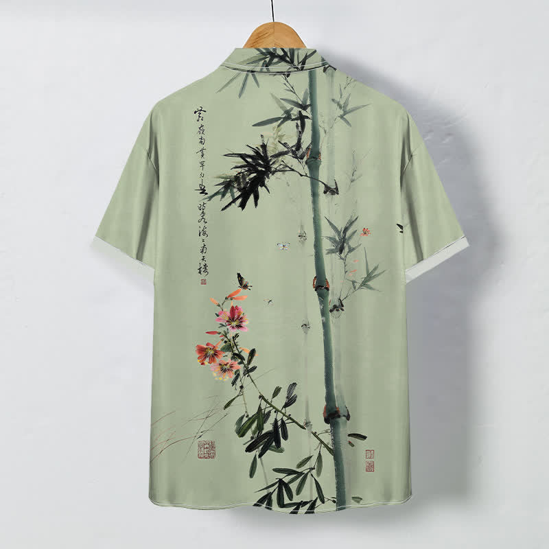 Buddha Stones Ink Bamboo Blossom Bird Calligraphy Pattern Buttons Breathable Men's Short Sleeve Shirt