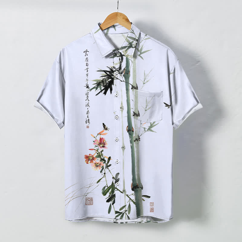 Buddha Stones Ink Bamboo Blossom Bird Calligraphy Pattern Buttons Breathable Men's Short Sleeve Shirt