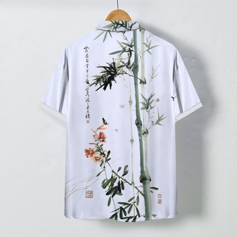 Buddha Stones Ink Bamboo Blossom Bird Calligraphy Pattern Buttons Breathable Men's Short Sleeve Shirt