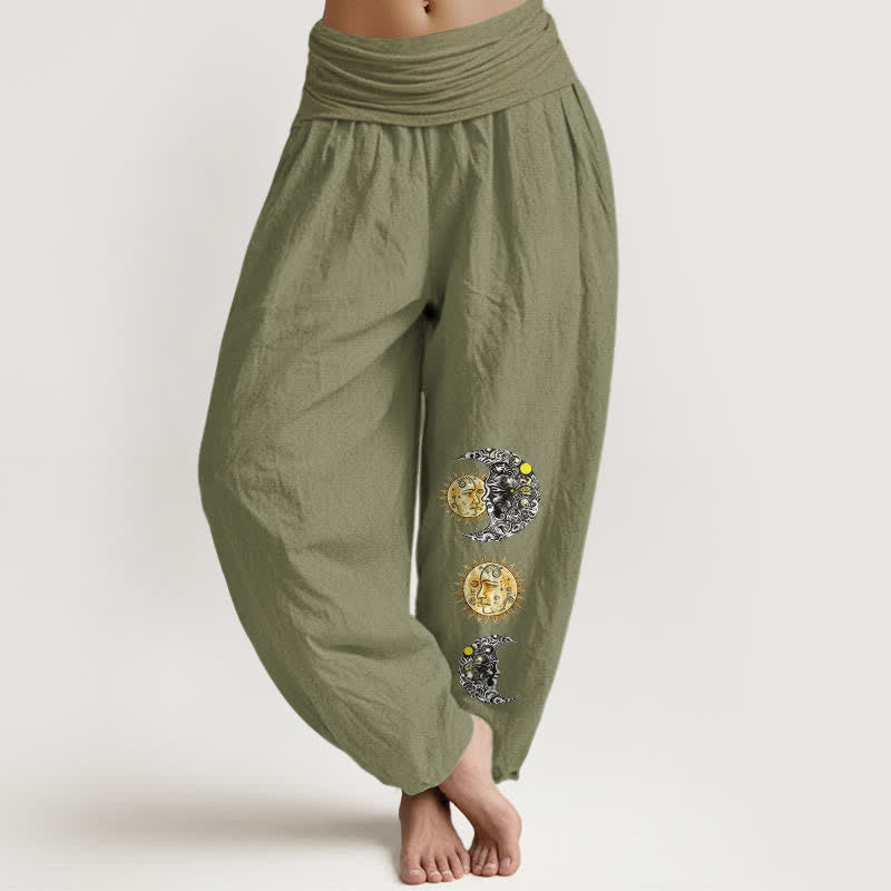 Buddha Stones Pure Cotton Sun and Moon Pattern Women's Elastic Waist Harem Pants