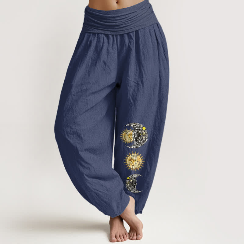 Buddha Stones Pure Cotton Sun and Moon Pattern Women's Elastic Waist Harem Pants