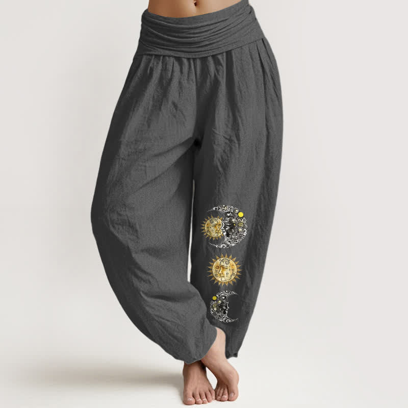 Buddha Stones Pure Cotton Sun and Moon Pattern Women's Elastic Waist Harem Pants