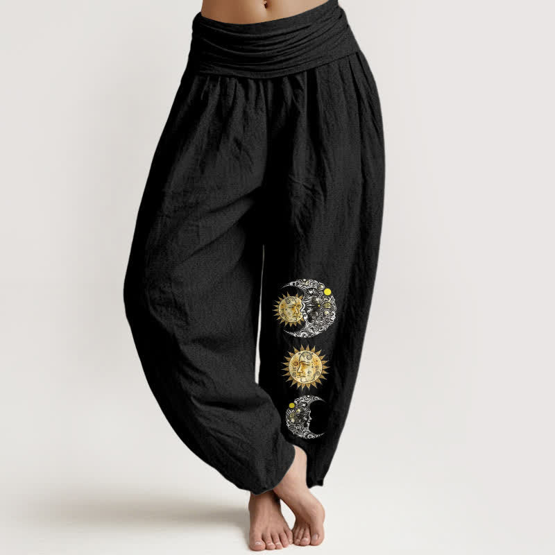 Buddha Stones Pure Cotton Sun and Moon Pattern Women's Elastic Waist Harem Pants