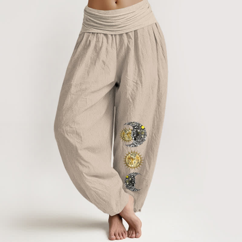 Buddha Stones Pure Cotton Sun and Moon Pattern Women's Elastic Waist Harem Pants